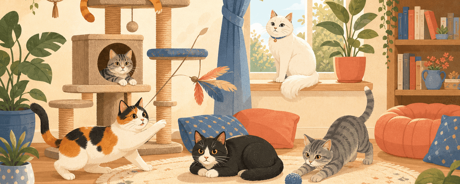 くつろぐ猫たちのいるリビング
